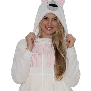 Polar Bear Hoodie Fleece Pullover Hibernating Until Spring S/M NWT Secret Santa